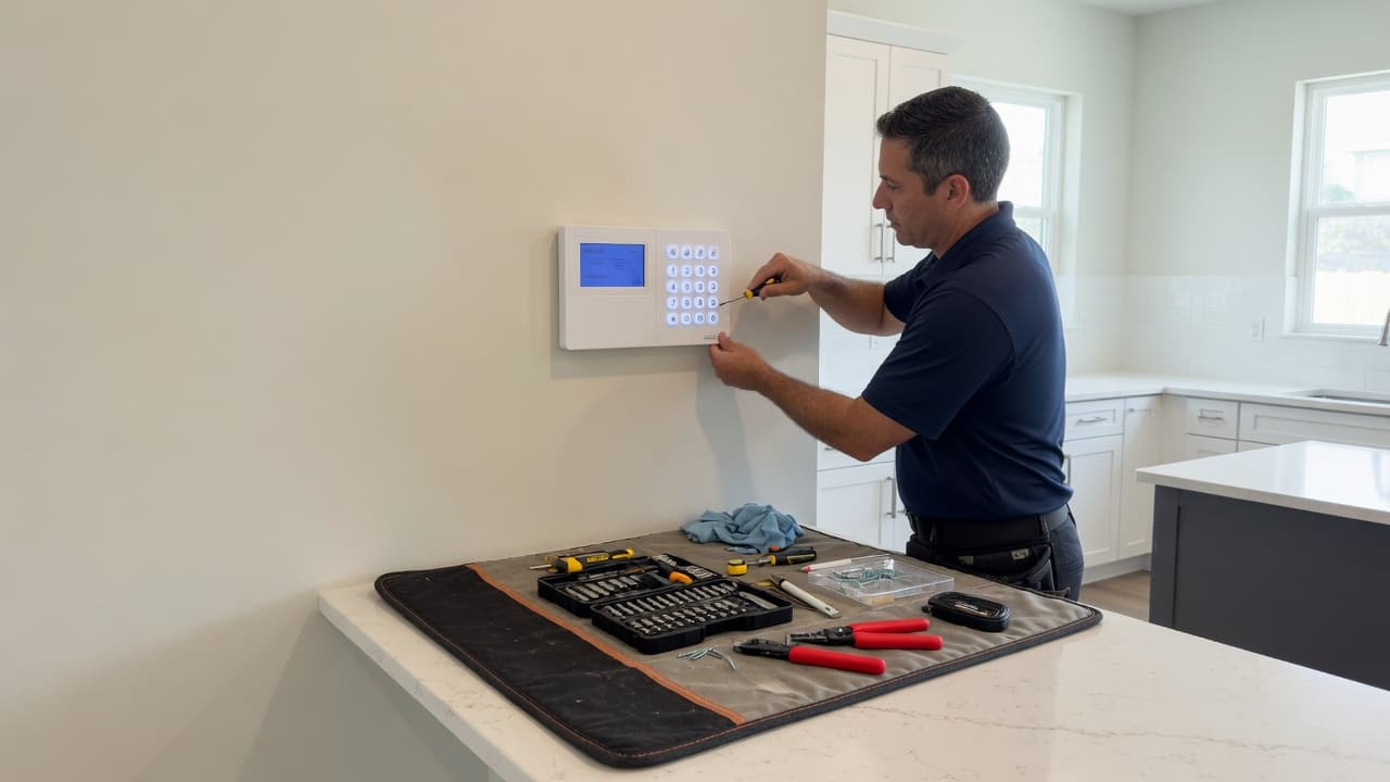 Technician installing a DSC HS2LCD keypad with tools on a protective work mat