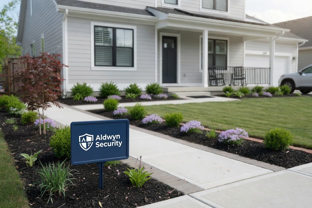 Aldwyn Security yard sign in a suburban planting bed