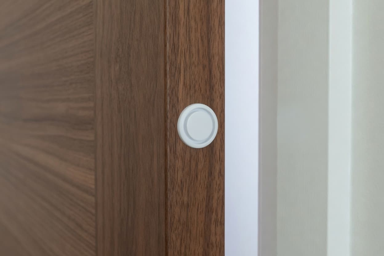 Recessed hardwired contact flush in the edge of a walnut door