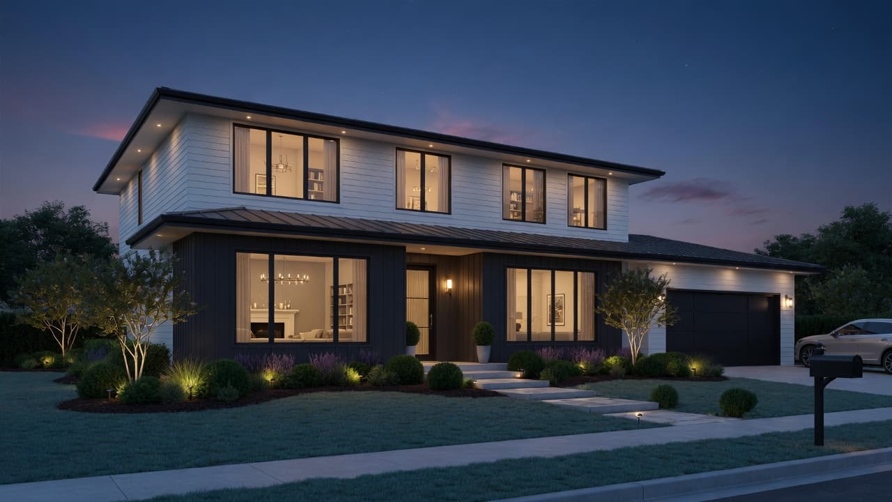 A protected suburban home at dusk
