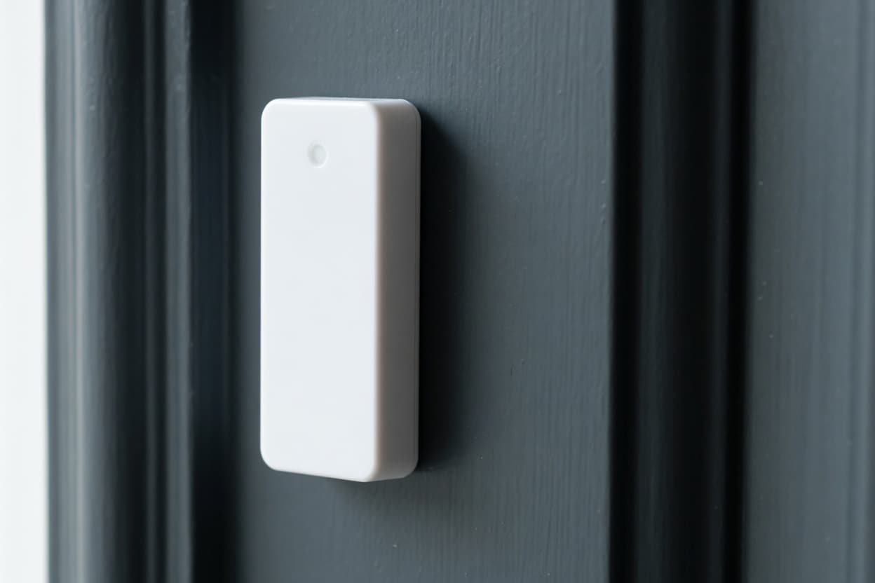 White wireless door sensor surface-mounted on a dark painted door